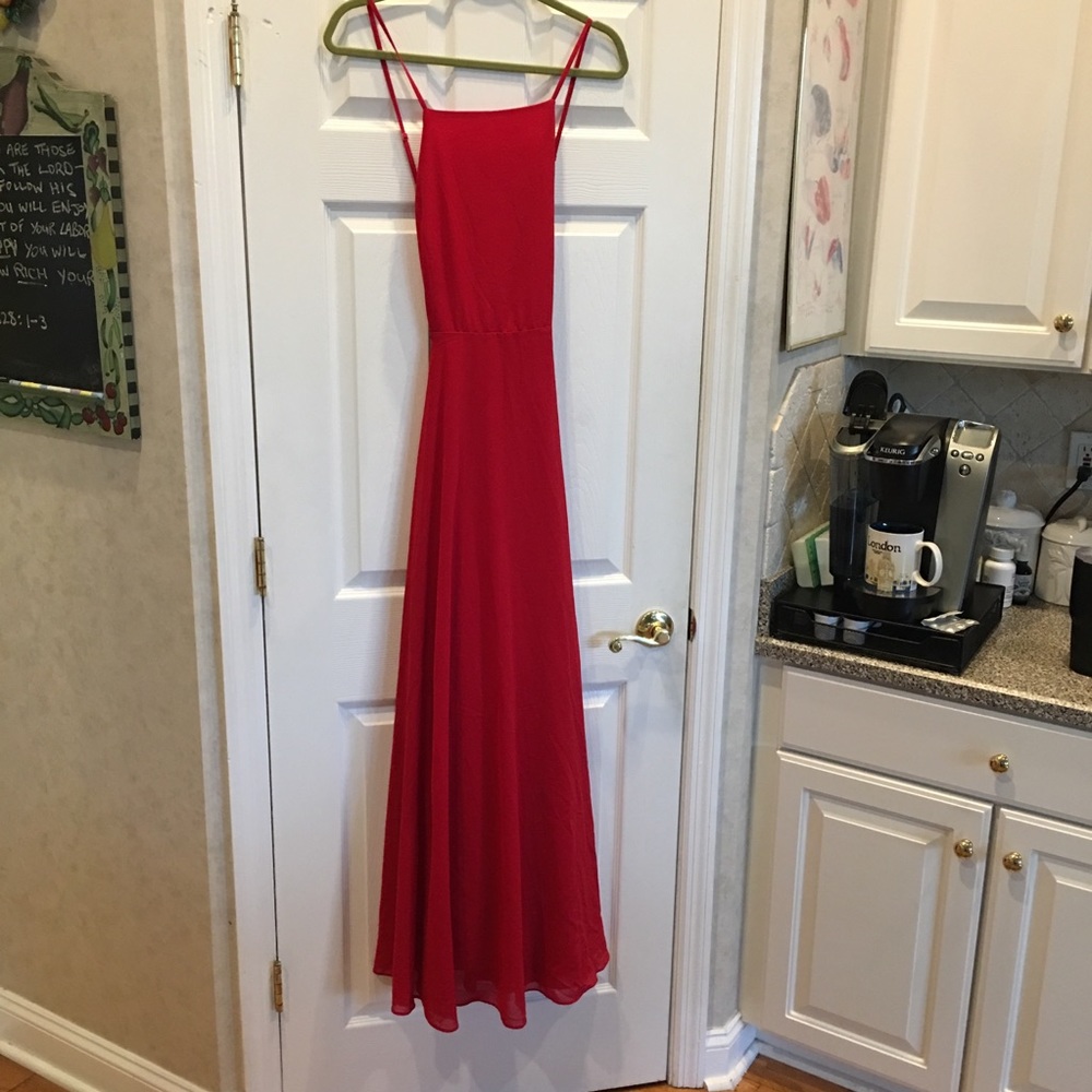 Long red dress with cross cross spaghetti straps